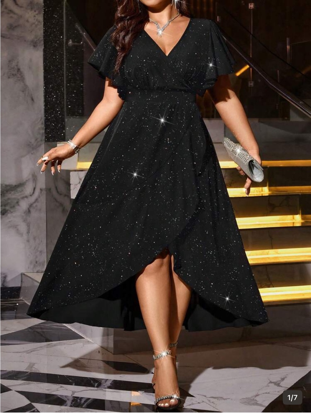 SHEIN 16W Black Sparkle V-Neck high-low stretchy dress